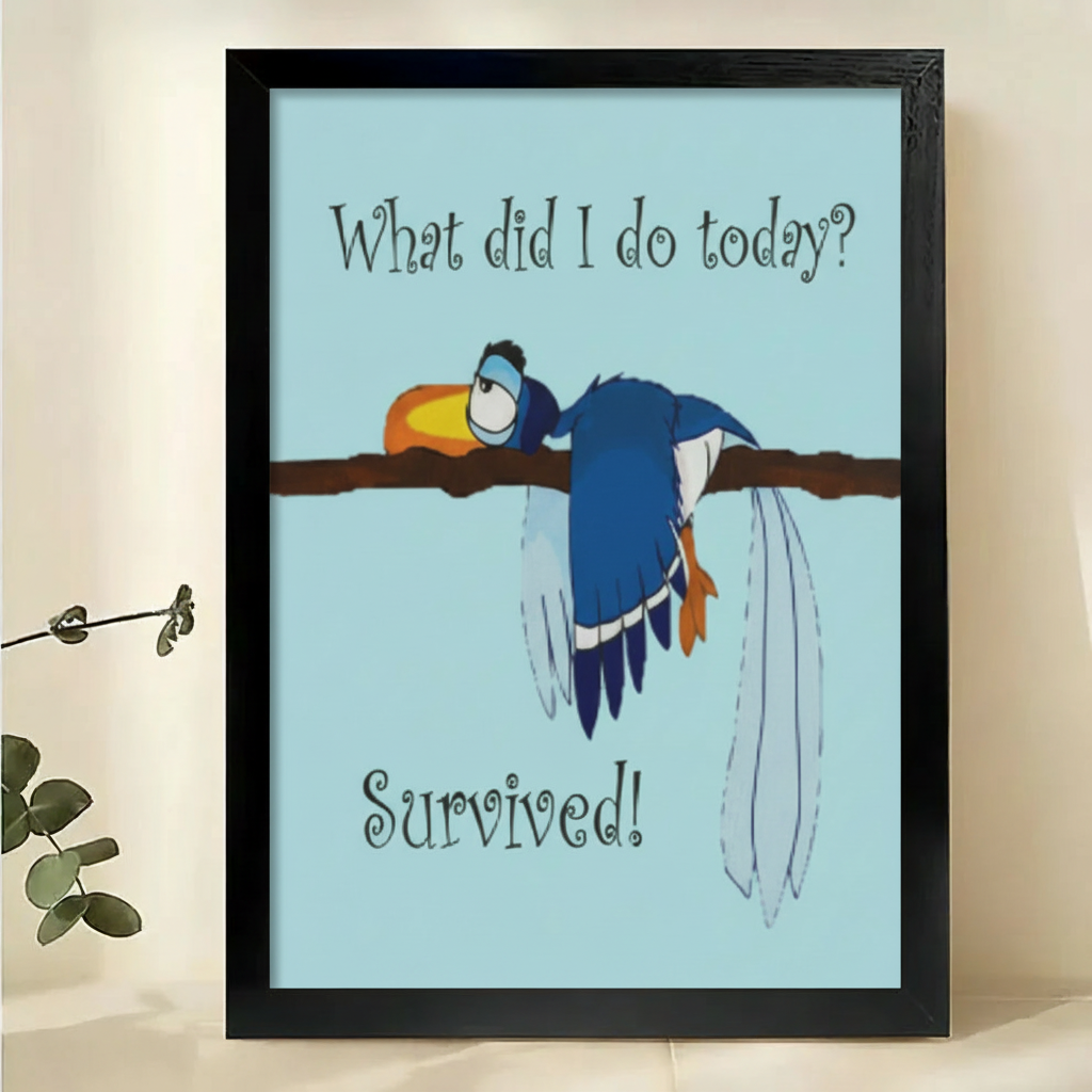 What Did I Do Today Survived Bird Wall Art – Funny Motivational Bird Canvas Print on Natural Wood Frame
