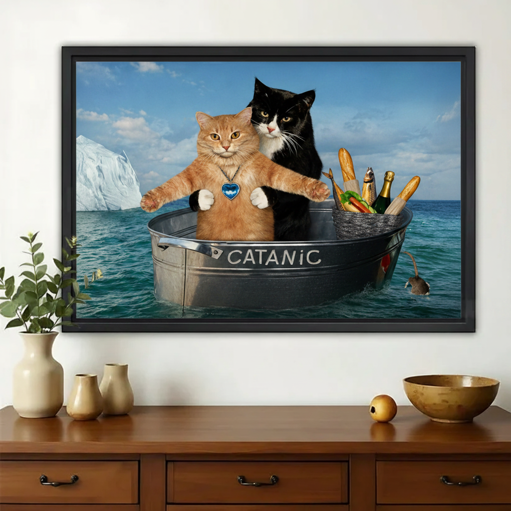 Funny “Catanic” Cat Boat Wall Art – Humorous Ocean Adventure Cat Canvas Print on Natural Wood Frame