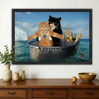 Funny “Catanic” Cat Boat Wall Art – Humorous Ocean Adventure Cat Canvas Print on Natural Wood Frame