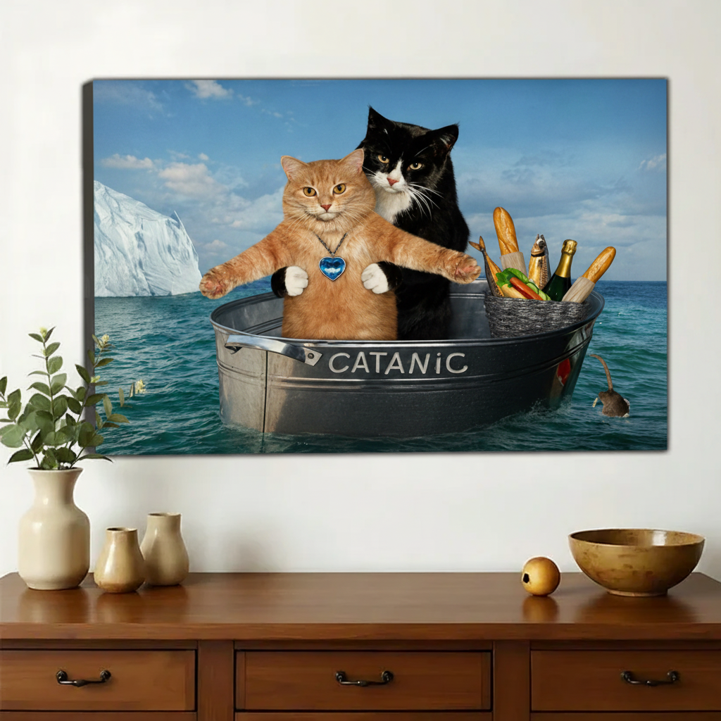 Funny “Catanic” Cat Boat Wall Art – Humorous Ocean Adventure Cat Canvas Print on Natural Wood Frame