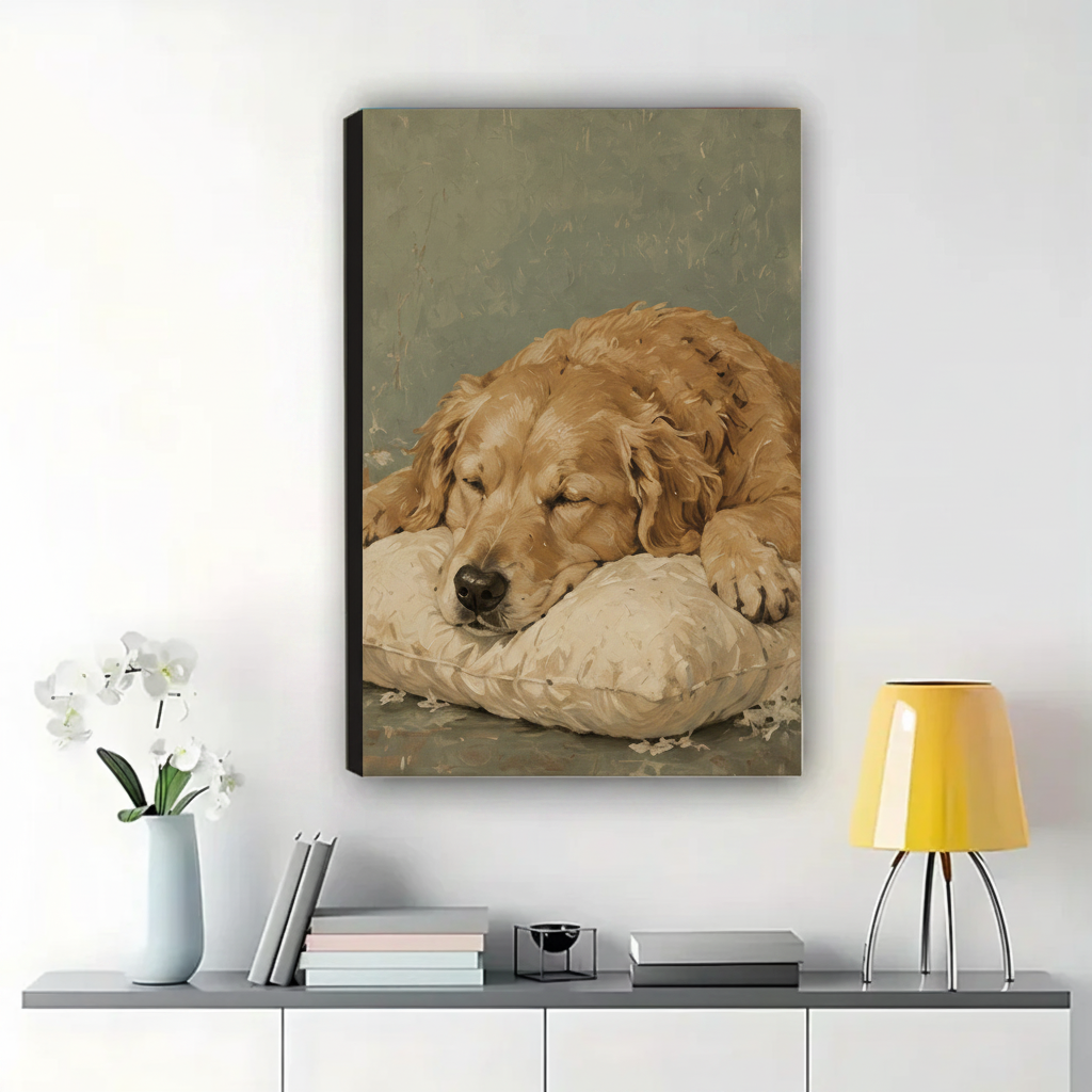Sleeping Golden Retriever Wall Art – Serene Vintage Oil Painting Dog Canvas Print on Natural Wood Frame