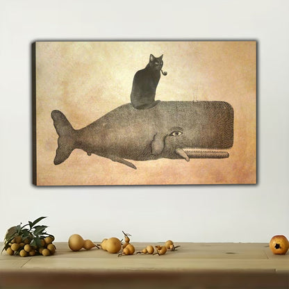 The Whimsical Cat-On-Whale – Playful Fantasy Wall Art on Natural Wood Canvas