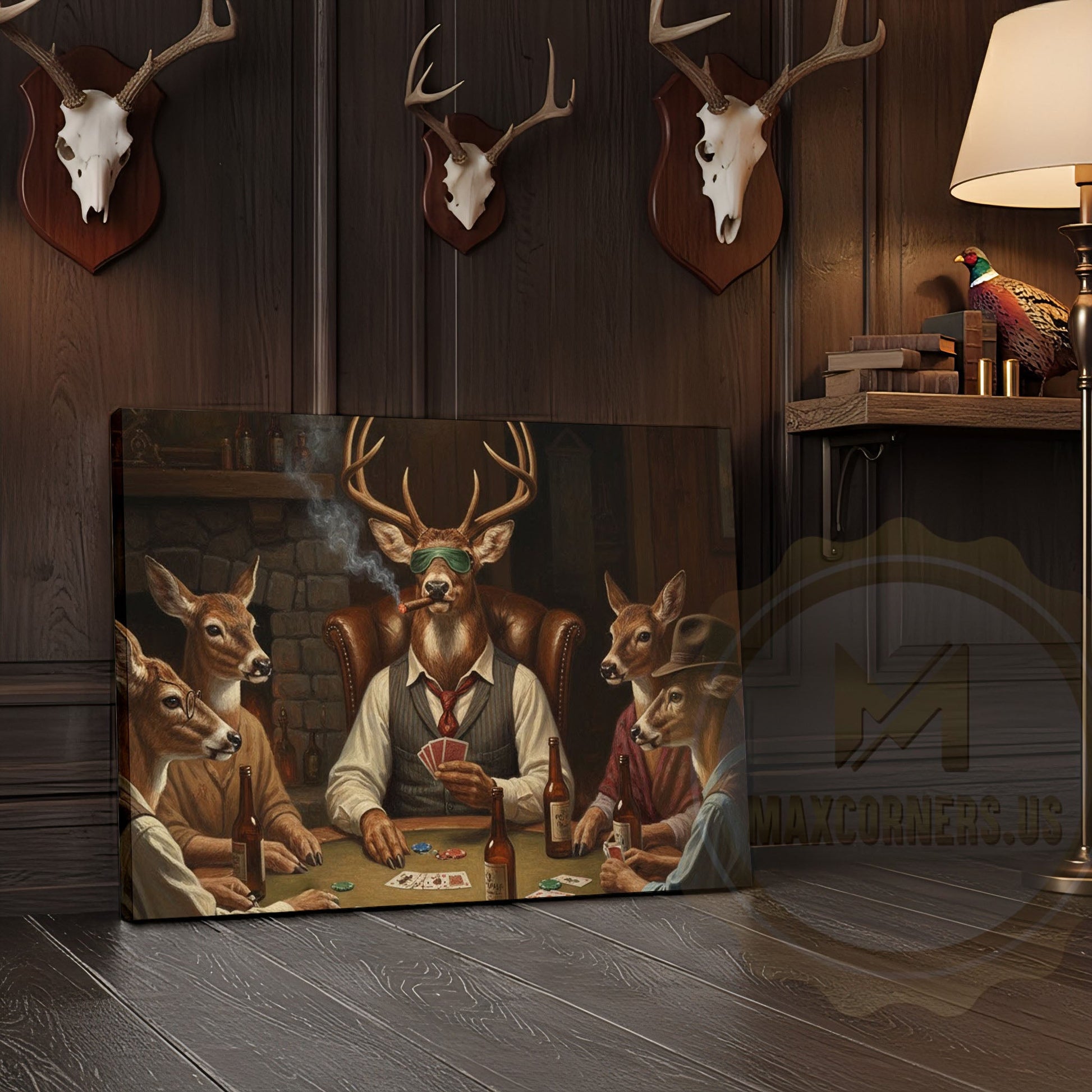 Deer Hunter Holding Rifle beside Fireplace Wrapped Canvas