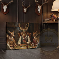 Deer Hunter Holding Rifle beside Fireplace Wrapped Canvas