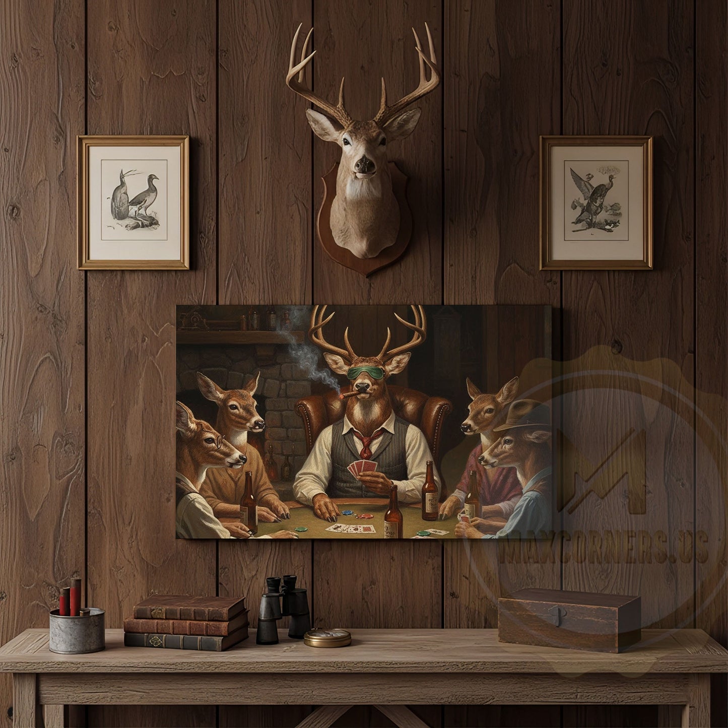 Deer Hunter Holding Rifle beside Fireplace Wrapped Canvas