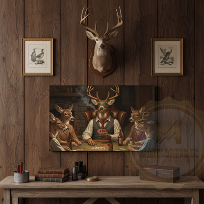 Deer Hunter Holding Rifle beside Fireplace Wrapped Canvas