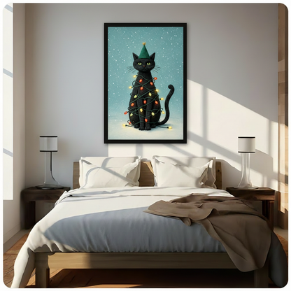 Christmas Black Cat Knit Lights Holiday Canvas Art