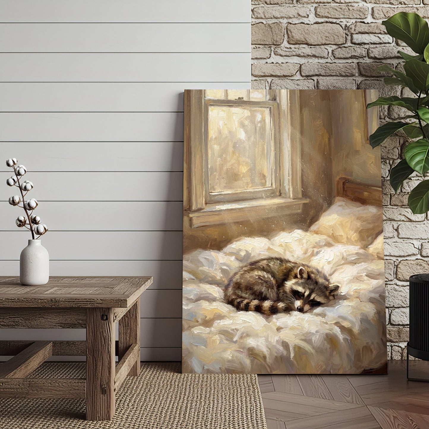 Sleeping Raccoon on Cozy Bed Soft Morning Light Canvas Wall Art
