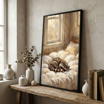 Sleeping Raccoon on Cozy Bed Soft Morning Light Canvas Wall Art