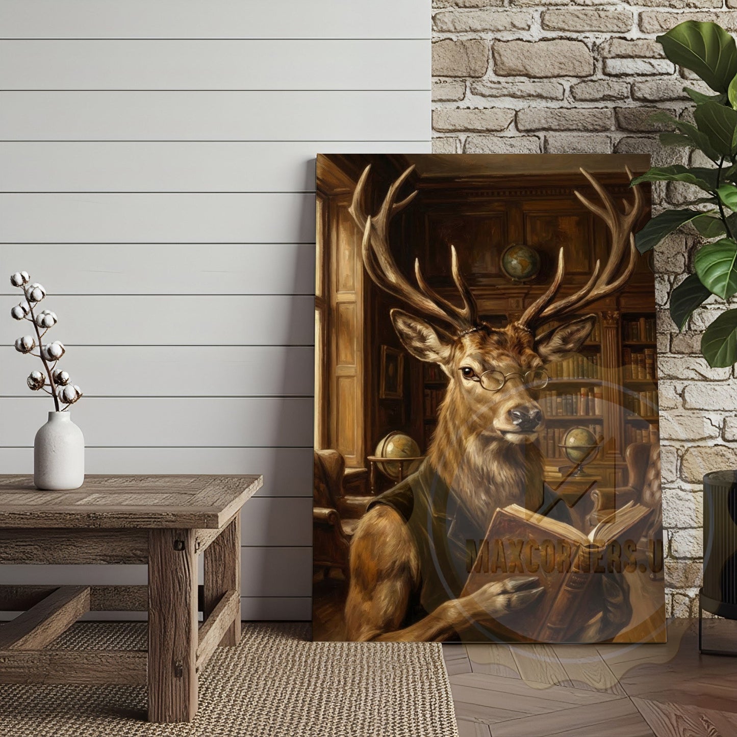 Intellectual Deer Canvas Art - Reading Stag in Library Print