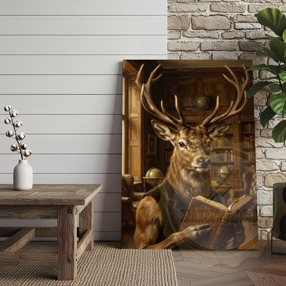 Intellectual Deer Canvas Art - Reading Stag in Library Print