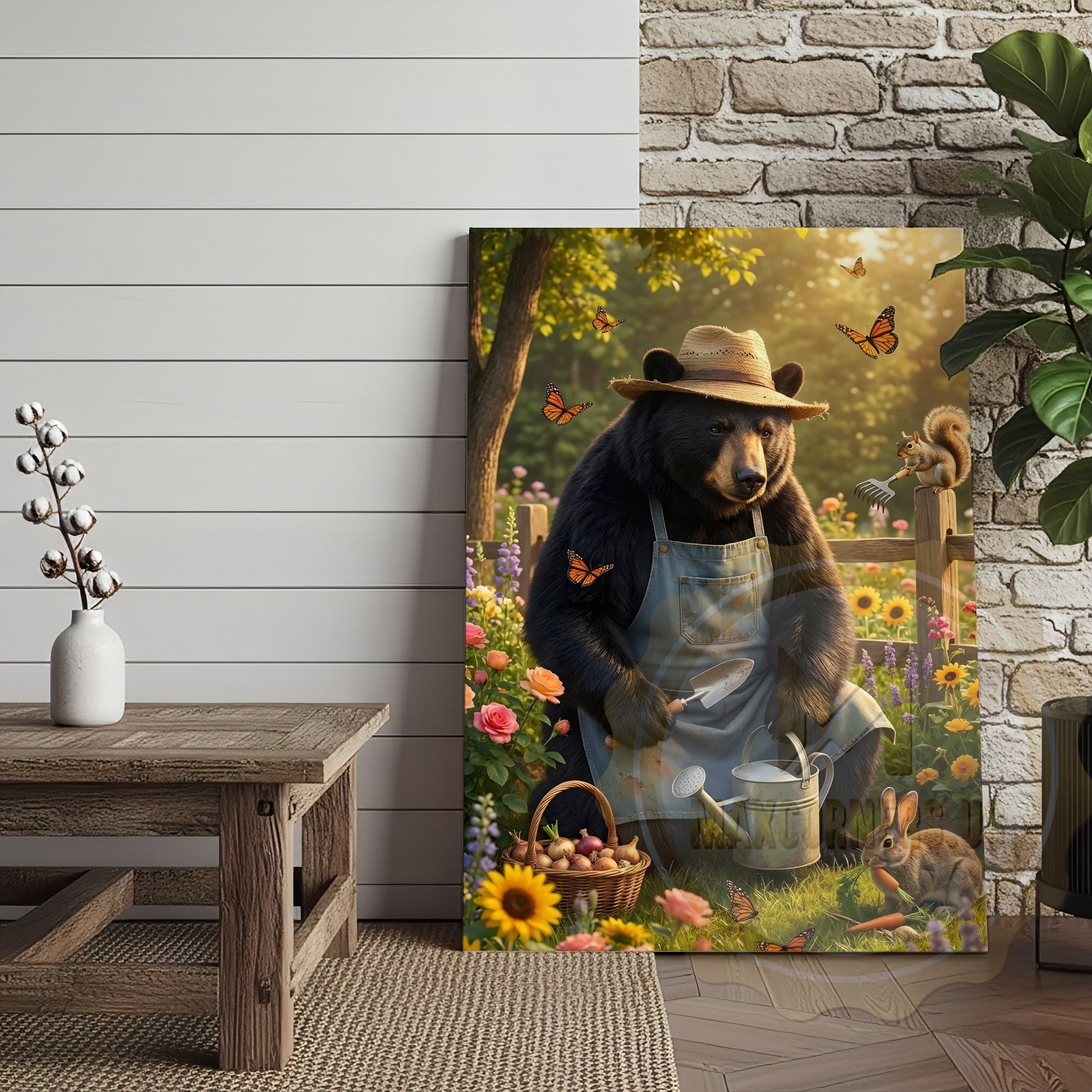 Spring Garden Bear Nature Illustration Canvas