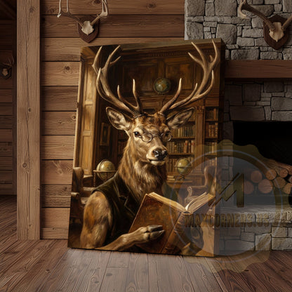 Intellectual Deer Canvas Art - Reading Stag in Library Print
