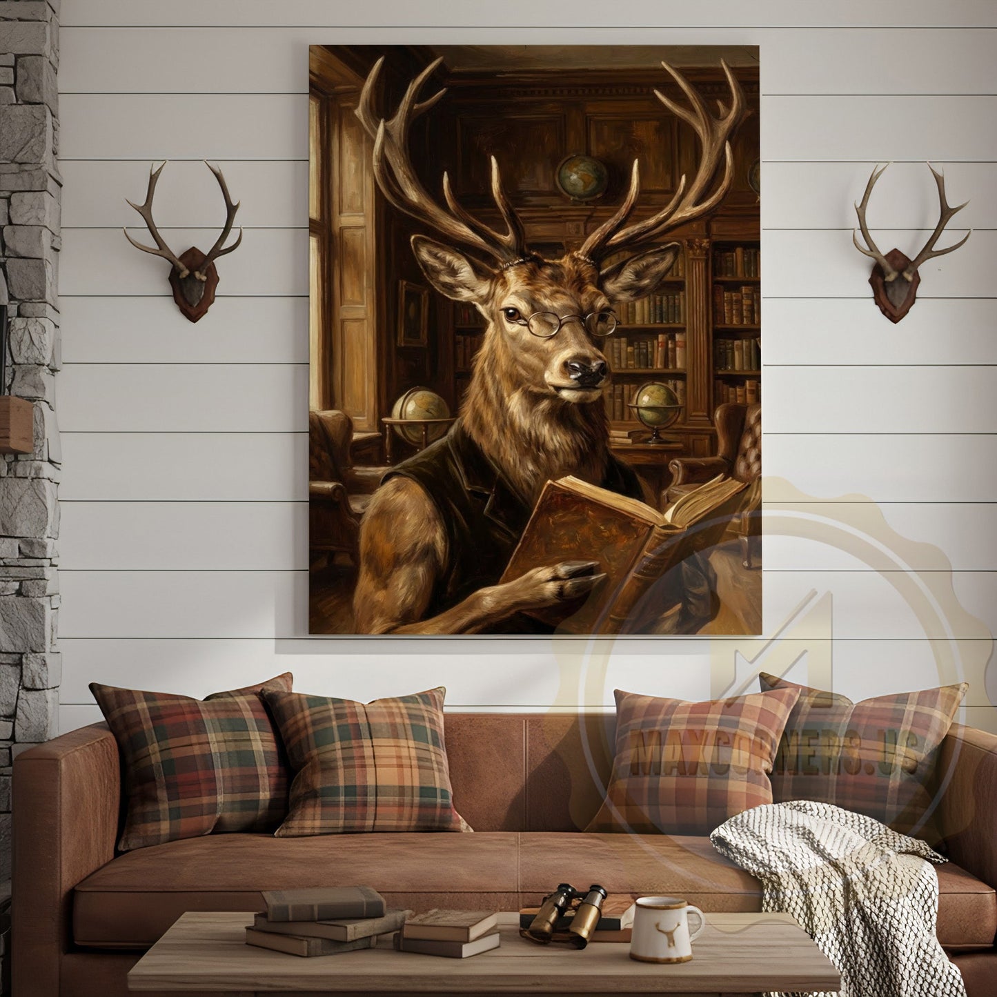 Intellectual Deer Canvas Art - Reading Stag in Library Print