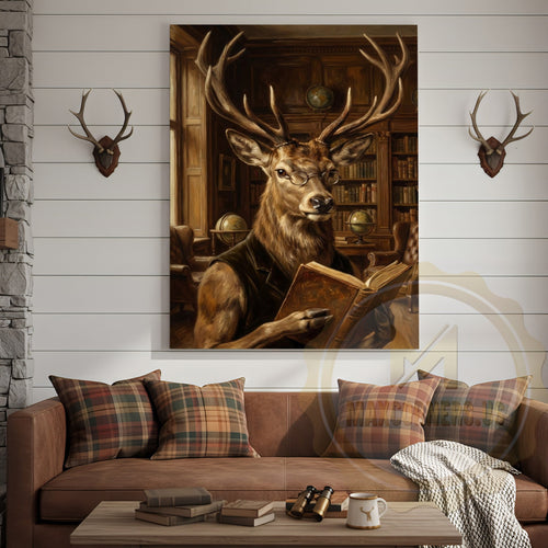 Intellectual Deer Canvas Art - Reading Stag in Library Print