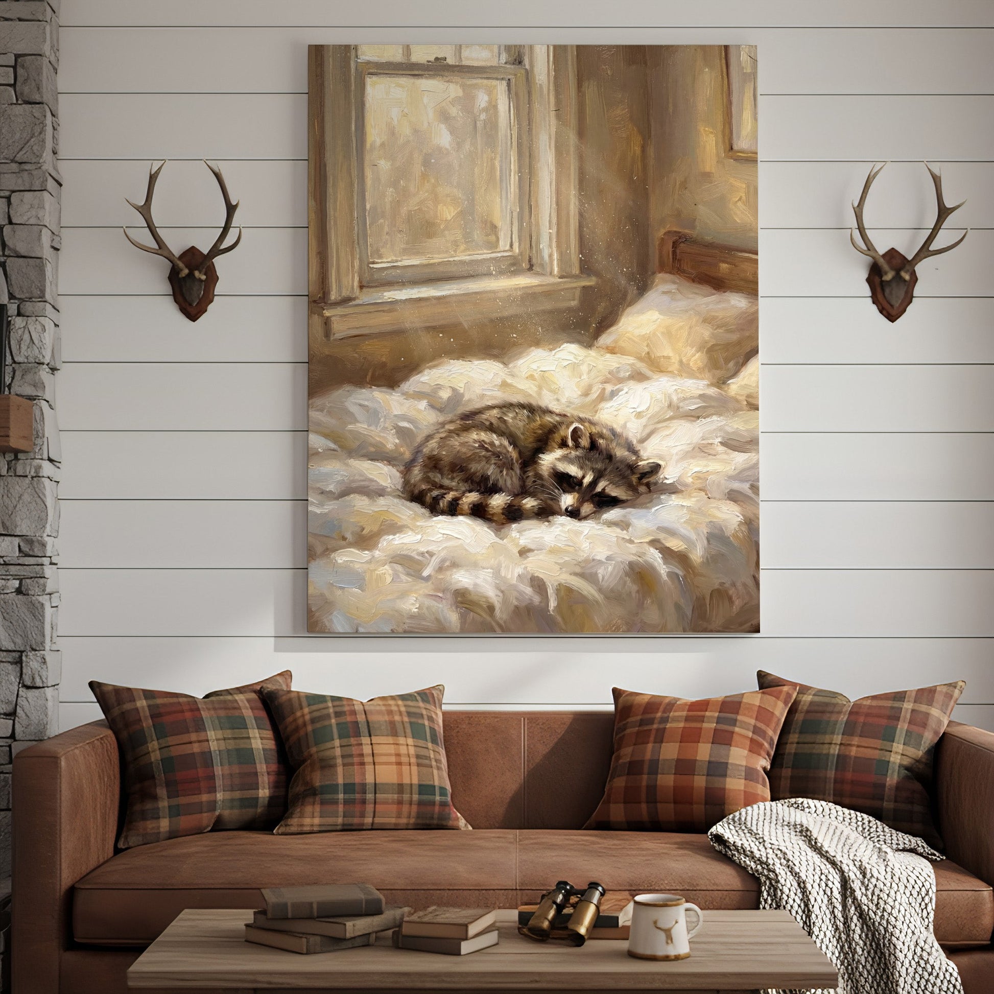 Sleeping Raccoon on Cozy Bed Soft Morning Light Canvas Wall Art