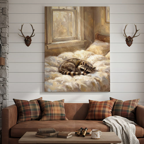 Sleeping Raccoon on Cozy Bed Soft Morning Light Canvas Wall Art