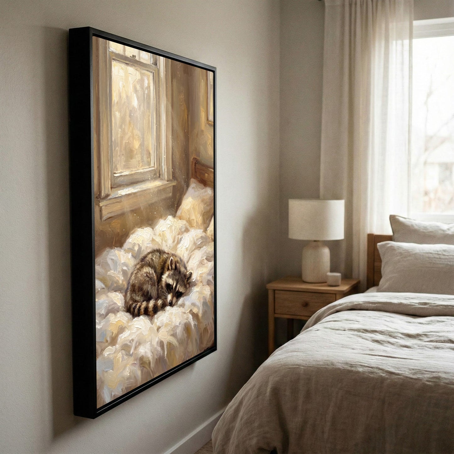 Sleeping Raccoon on Cozy Bed Soft Morning Light Canvas Wall Art