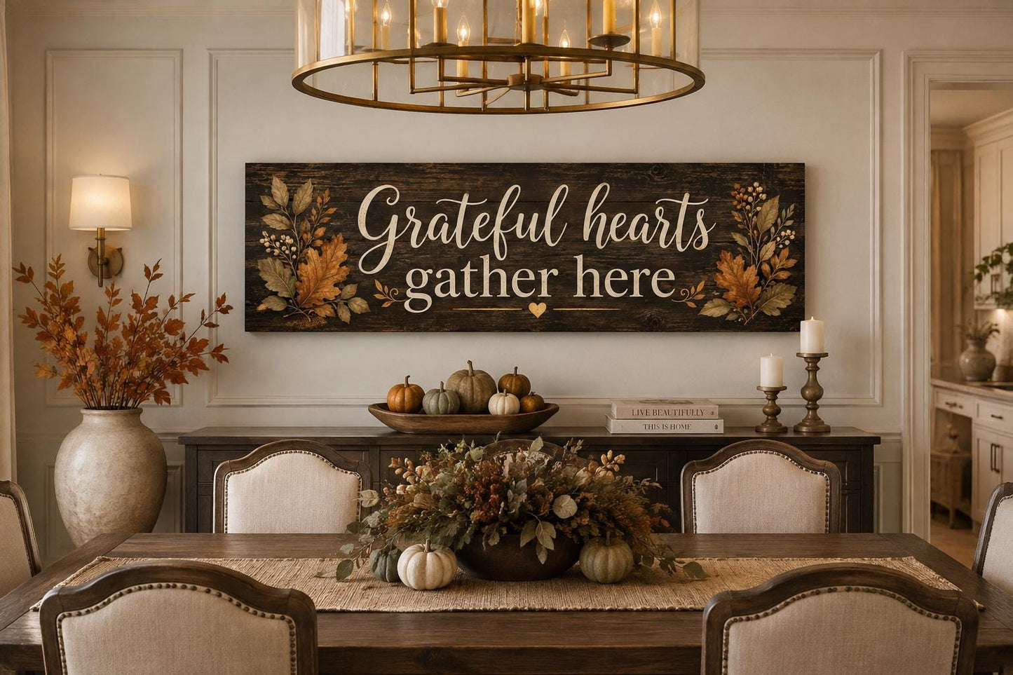 Grateful Hearts Gather Here Thanksgiving Fall Farmhouse Sign For Dining Room Canvas Wall Art