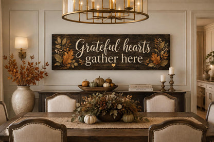 Grateful Hearts Gather Here Thanksgiving Fall Farmhouse Sign For Dining Room Canvas Wall Art