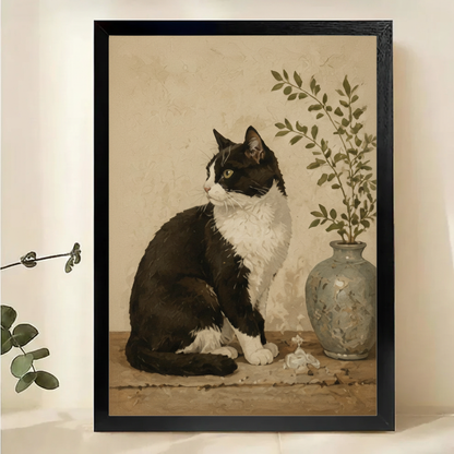 Tuxedo Cat with Ceramic Vase Wall Art – Vintage Botanical Cat Canvas Print on Natural Wood Frame