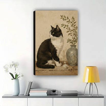 Tuxedo Cat with Ceramic Vase Wall Art – Vintage Botanical Cat Canvas Print on Natural Wood Frame