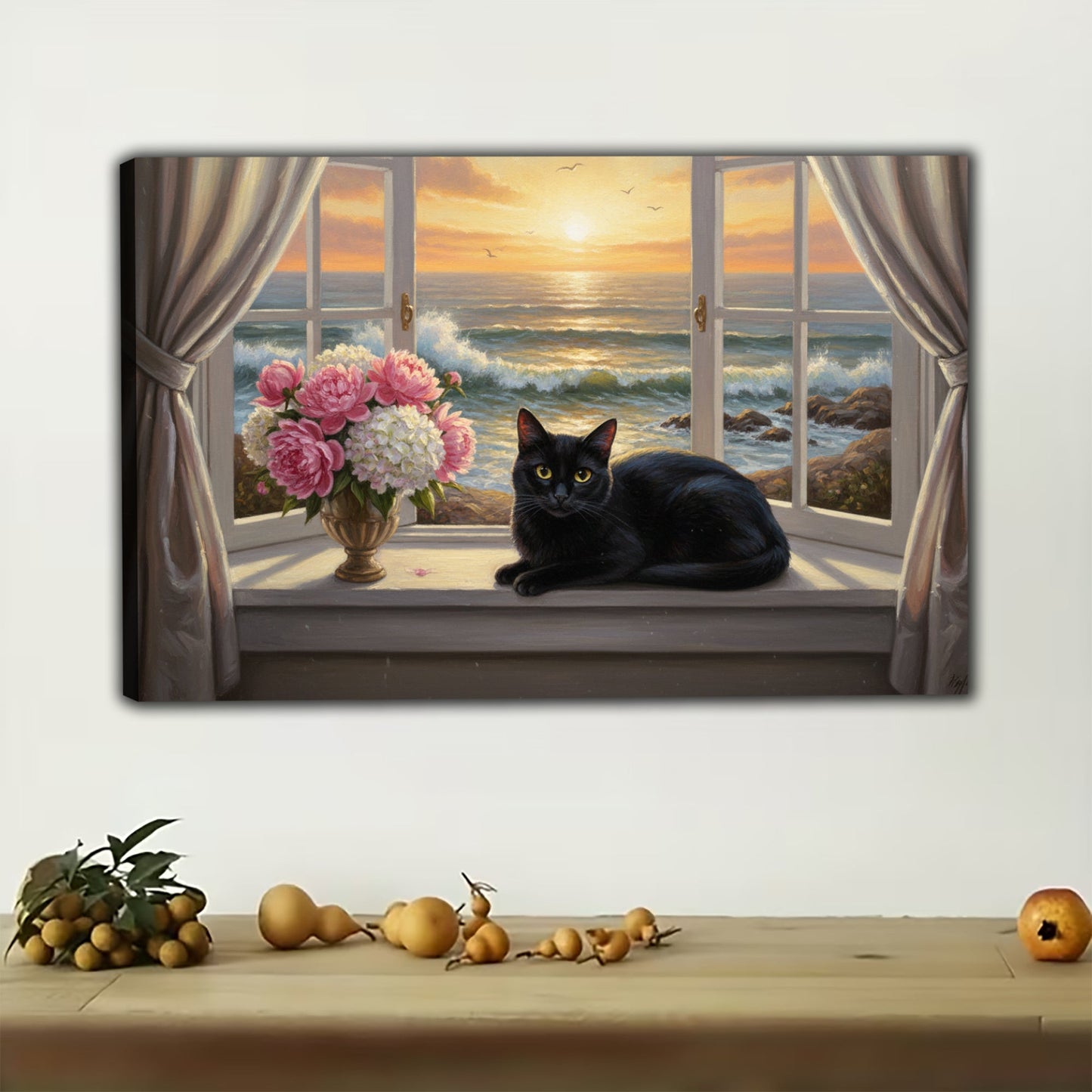 The Cozy Sunset Window Black Cat – Warm Healing Wall Art on Natural Wood Canvas