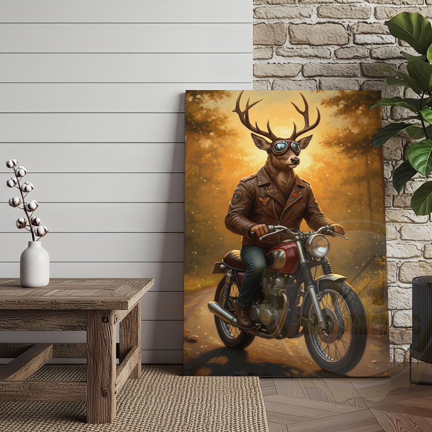 Deer Biker in Leather Jacket Riding Motorcycle Wrapped Canvas