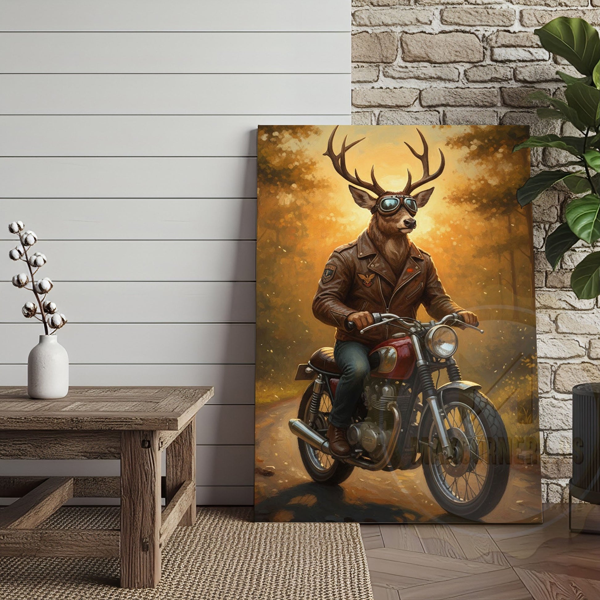 Deer Biker in Leather Jacket Riding Motorcycle Wrapped Canvas