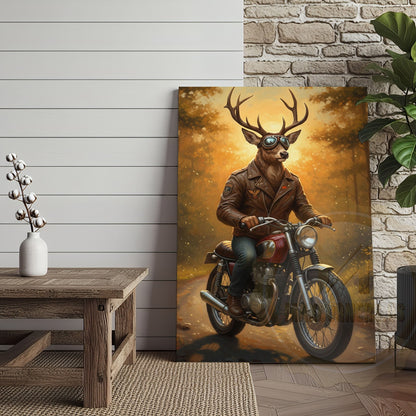Deer Biker in Leather Jacket Riding Motorcycle Wrapped Canvas