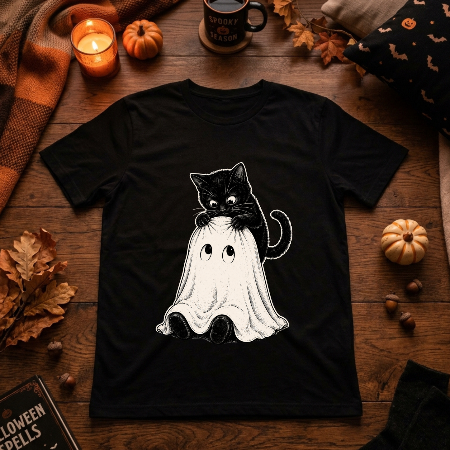 Schwarze Katze und kleiner Geist T-Shirt