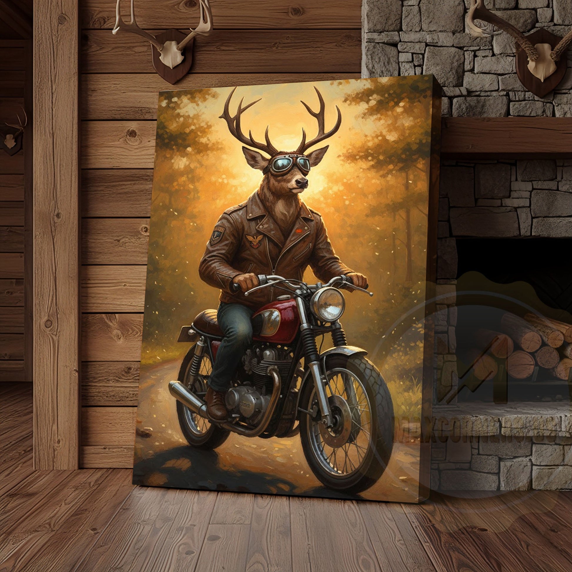 Deer Biker in Leather Jacket Riding Motorcycle Wrapped Canvas