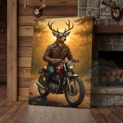 Deer Biker in Leather Jacket Riding Motorcycle Wrapped Canvas