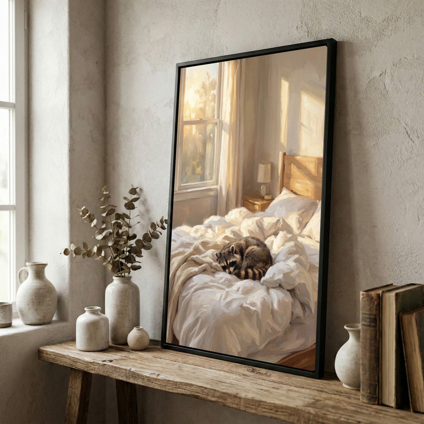 Peaceful Raccoon Sleeping in Sunlit Bedroom Oil Painting Canvas Wall Art