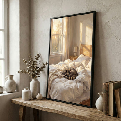 Peaceful Raccoon Sleeping in Sunlit Bedroom Oil Painting Canvas Wall Art