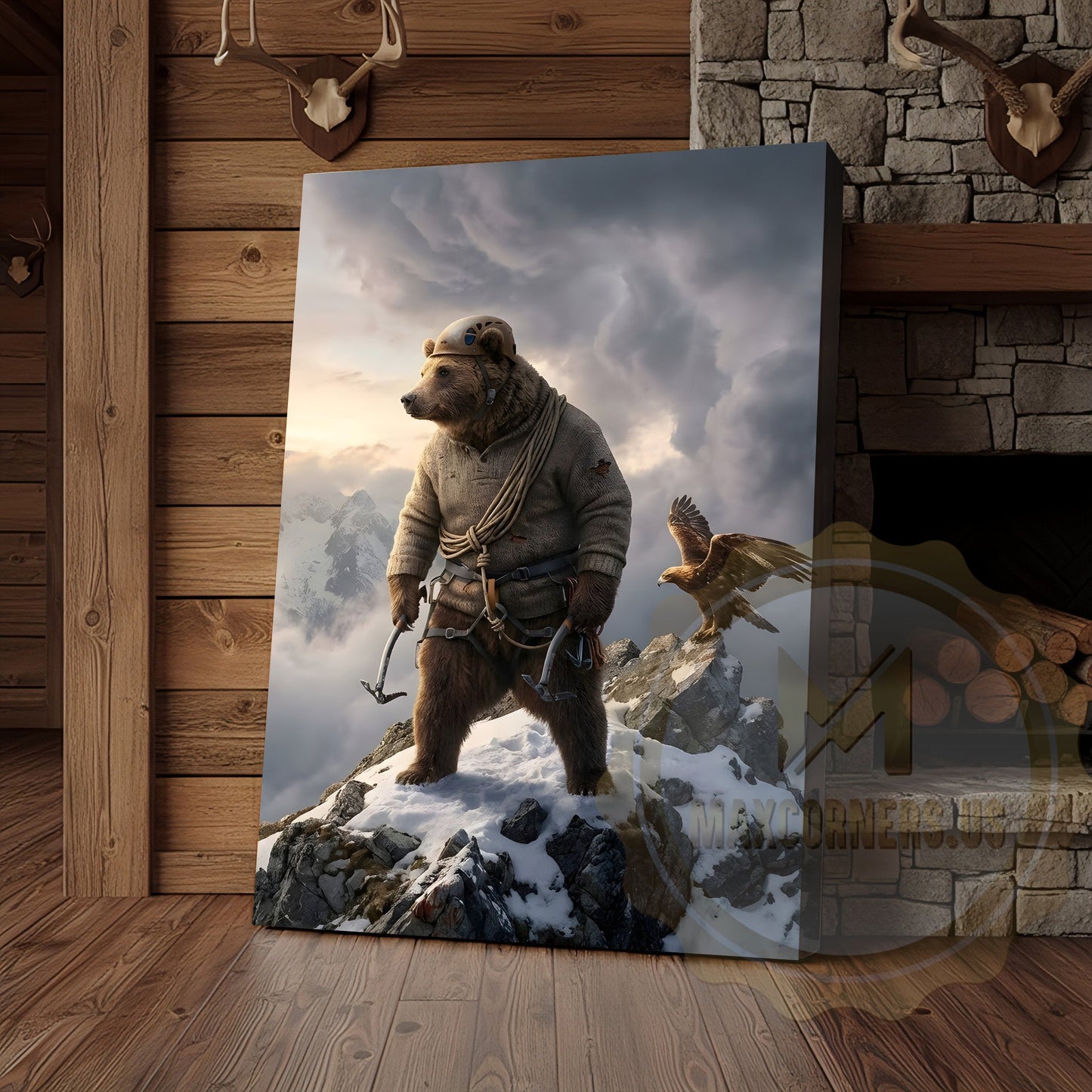 Mountain Climber Bear Adventure Eagle Canvas Wall Art