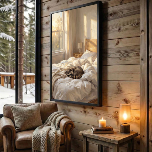 Peaceful Raccoon Sleeping in Sunlit Bedroom Oil Painting Canvas Wall Art