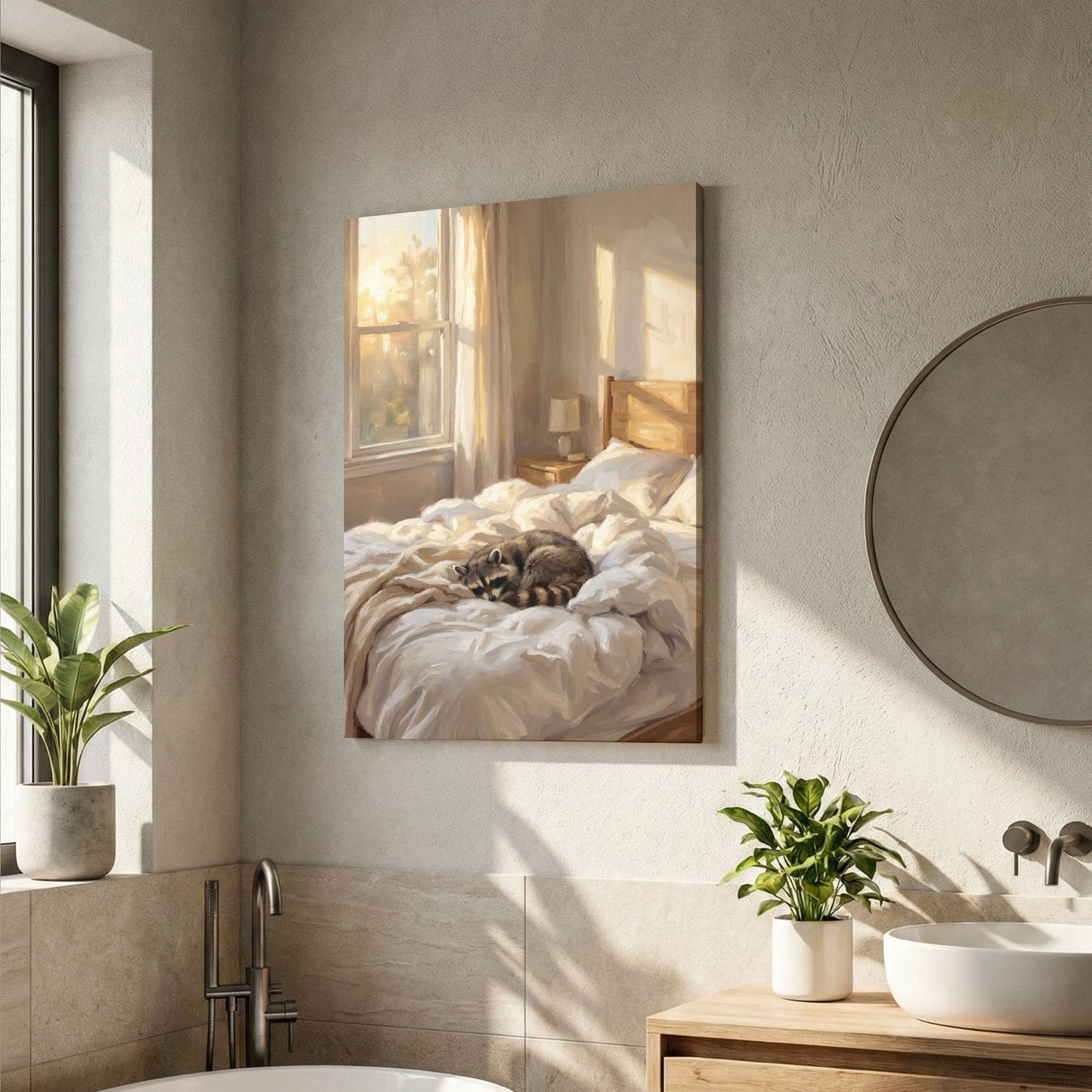 Peaceful Raccoon Sleeping in Sunlit Bedroom Oil Painting Canvas Wall Art
