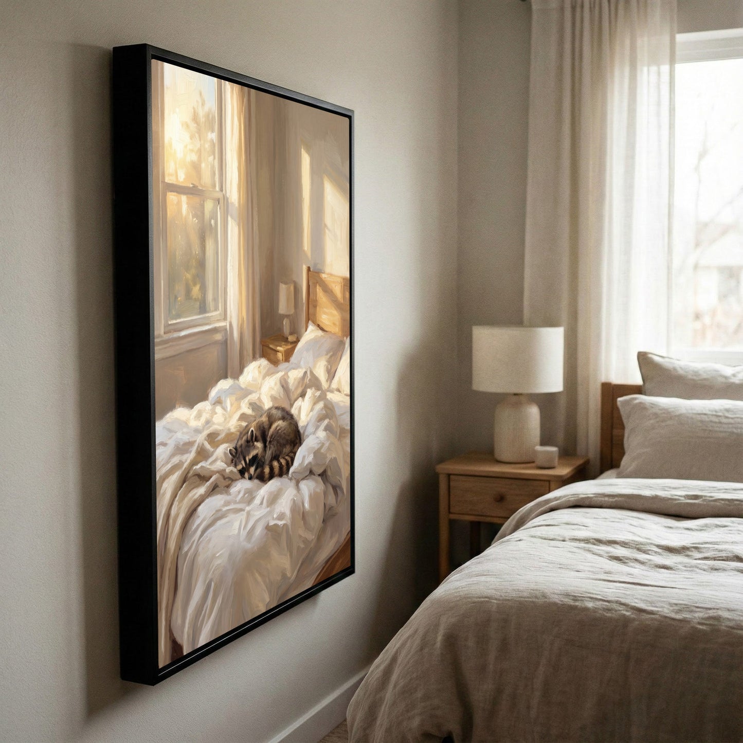 Peaceful Raccoon Sleeping in Sunlit Bedroom Oil Painting Canvas Wall Art