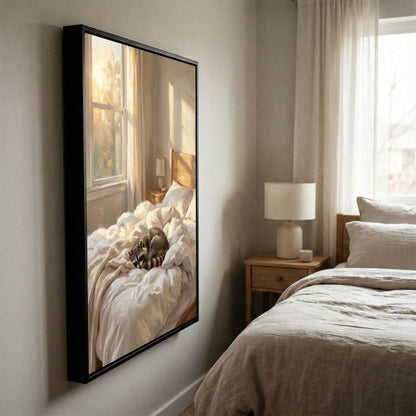 Peaceful Raccoon Sleeping in Sunlit Bedroom Oil Painting Canvas Wall Art