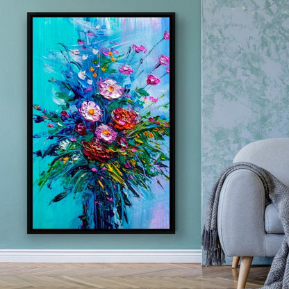 Bouquet of Flowers on Blue Background Canvas Wall Art