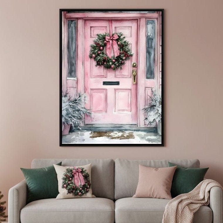 Winter Welcome Pink Door Canvas Wall Art