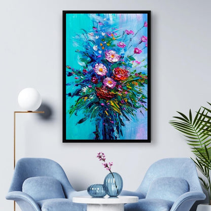 Bouquet of Flowers on Blue Background Canvas Wall Art