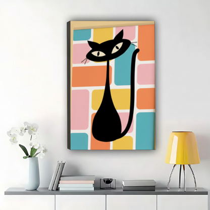 The Bold Geometric Cat – Modern Abstract Wall Art on Natural Wood Canvas