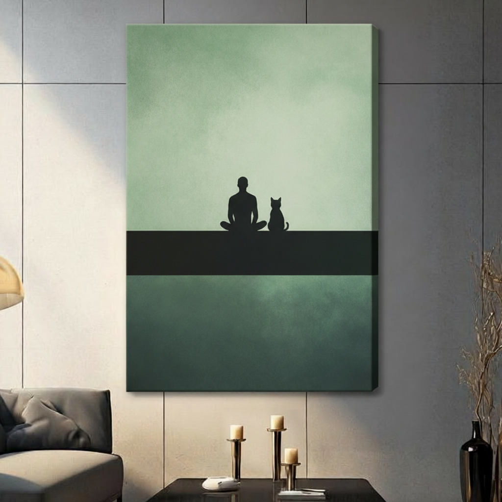 Minimalist Human Cat Silhouette Canvas Wall Art