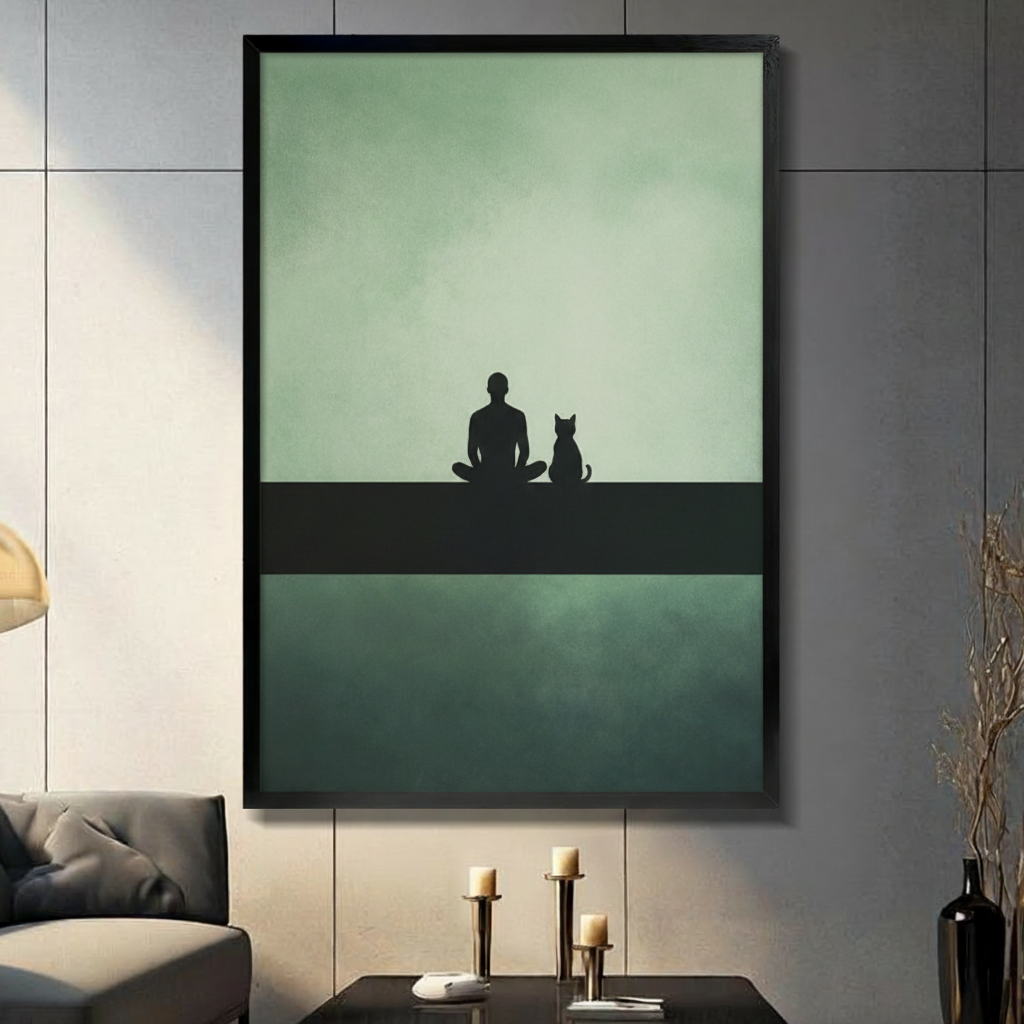 Minimalist Human Cat Silhouette Canvas Wall Art