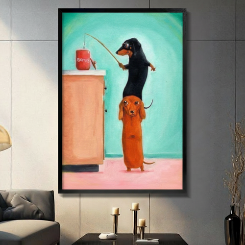 Funny Dachshund Fishing Bones Canvas Wall Art