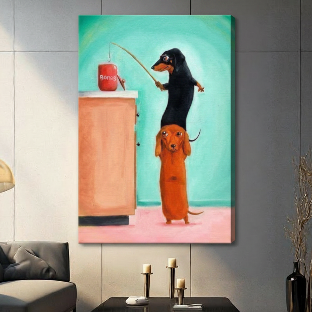 Funny Dachshund Fishing Bones Canvas Wall Art