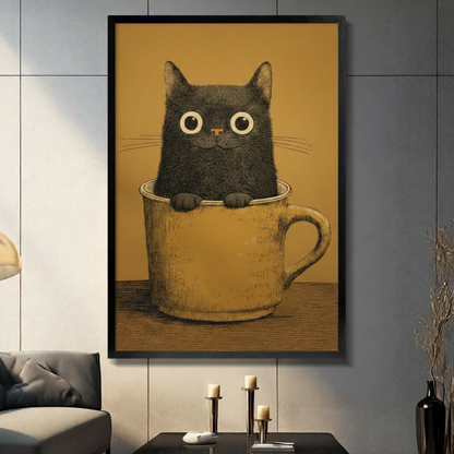 Black Cat in Teacup Vintage Canvas Wall Art