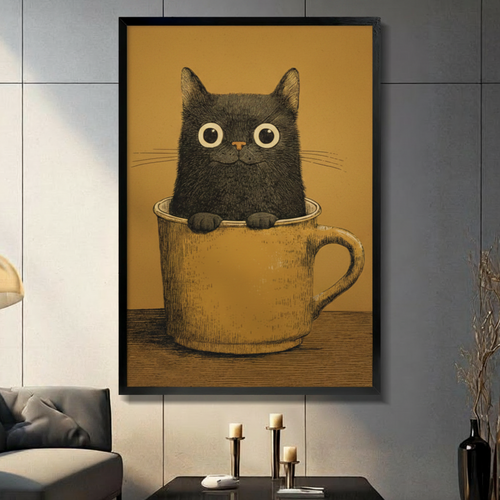 Black Cat in Teacup Vintage Canvas Wall Art